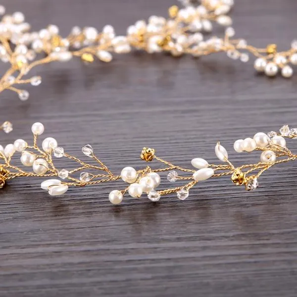 2pcs Bridal Hair Vines Crystal Pearl Hairpin Handmade Wedding Headpiece Gold
