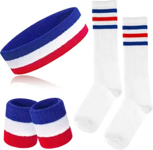 5 Piece Sweatbands Striped Socks Set Sports Headband Wristbands High Tube Socks