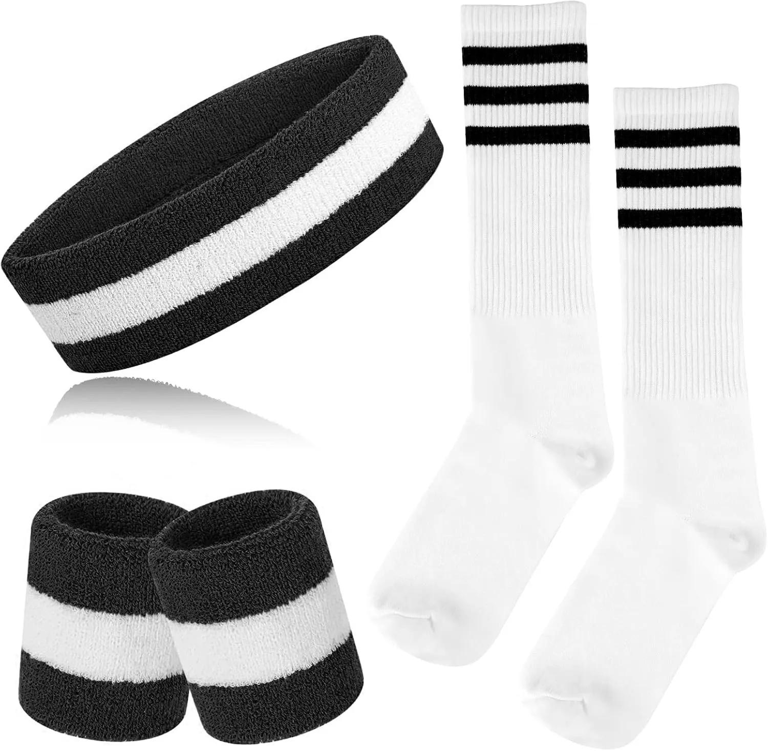 5 Piece Sweatbands Striped Socks Set Sports Headband Wristbands High Tube Socks