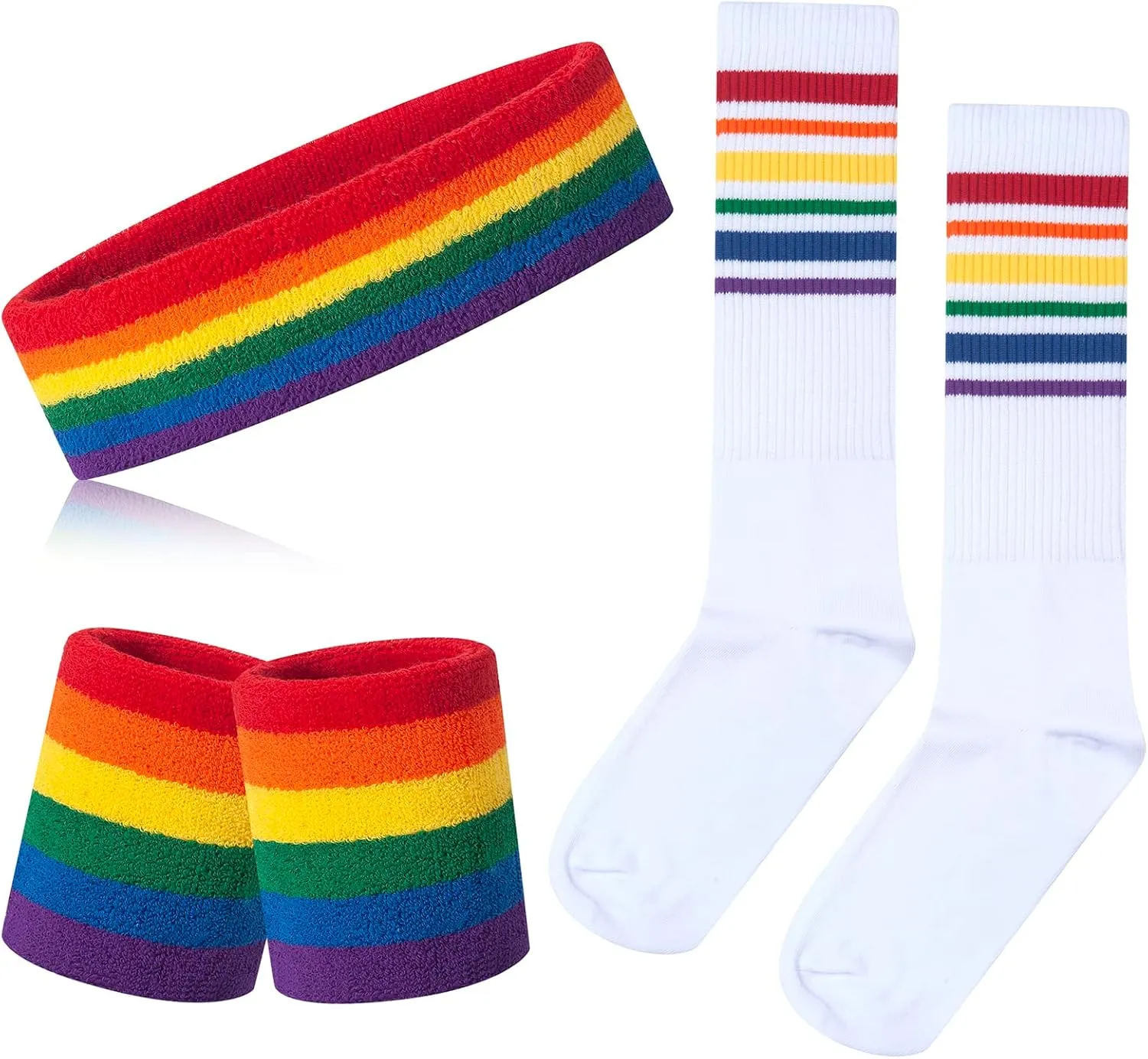 5 Piece Sweatbands Striped Socks Set Sports Headband Wristbands High Tube Socks