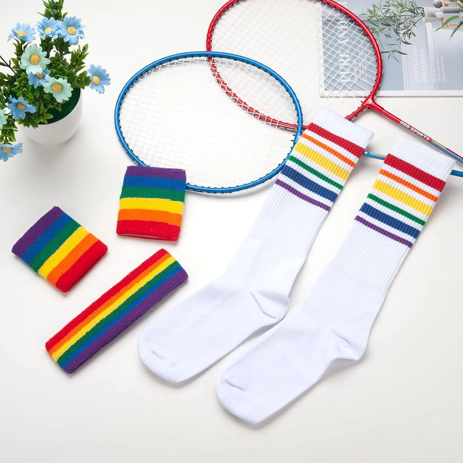 5 Piece Sweatbands Striped Socks Set Sports Headband Wristbands High Tube Socks