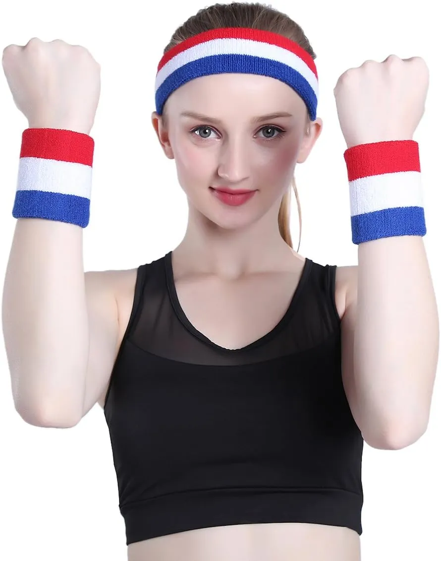 5 Piece Sweatbands Striped Socks Set Sports Headband Wristbands High Tube Socks