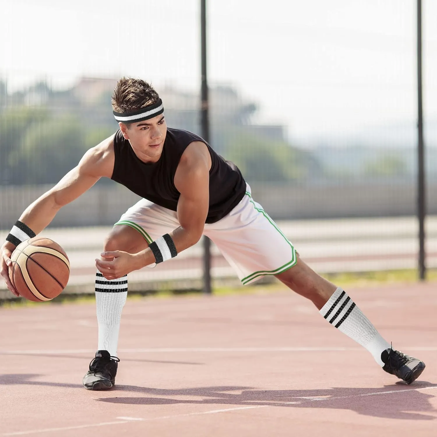 5 Piece Sweatbands Striped Socks Set Sports Headband Wristbands High Tube Socks