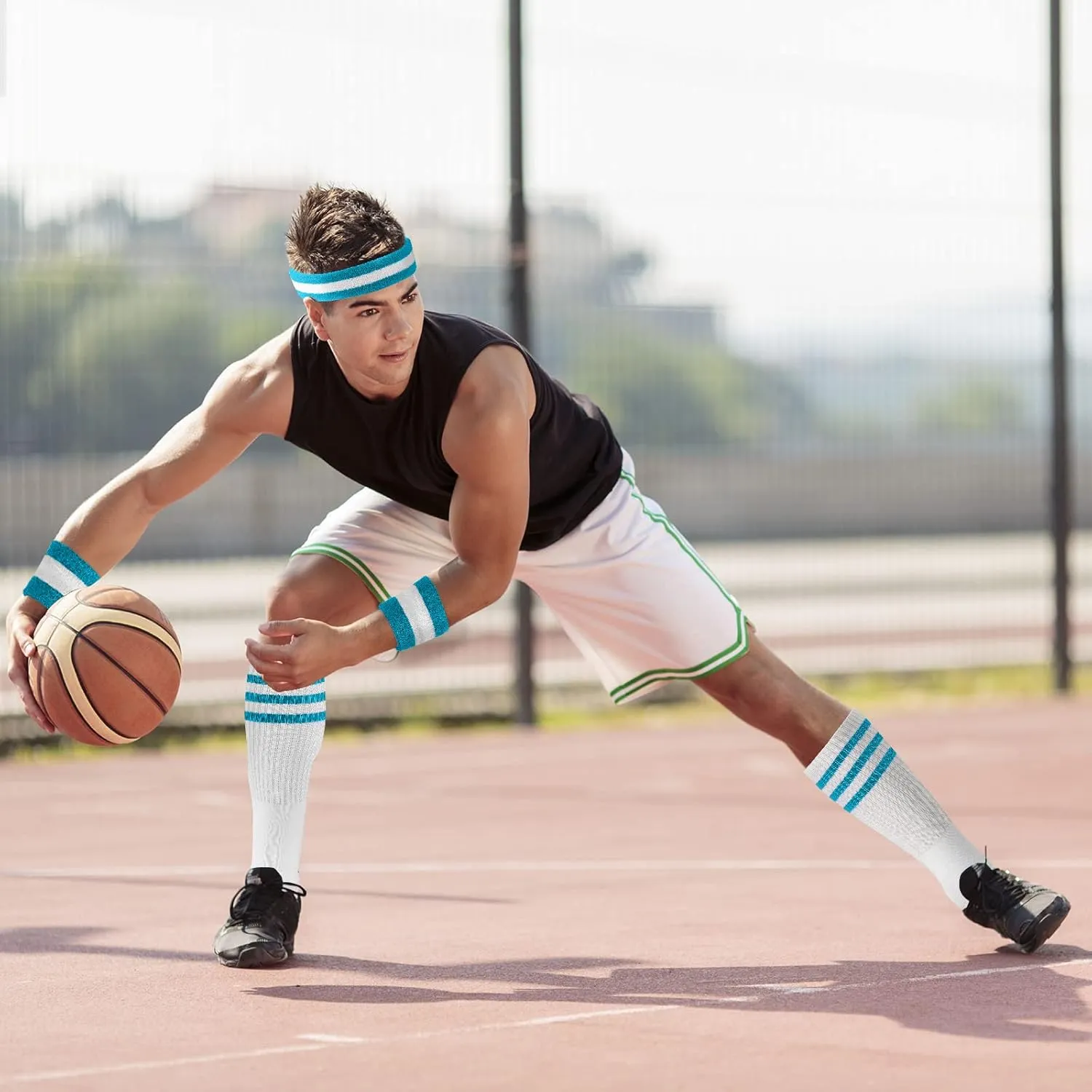 5 Piece Sweatbands Striped Socks Set Sports Headband Wristbands High Tube Socks