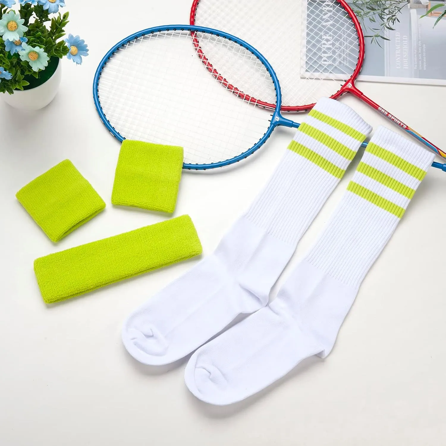 5 Piece Sweatbands Striped Socks Set Sports Headband Wristbands High Tube Socks