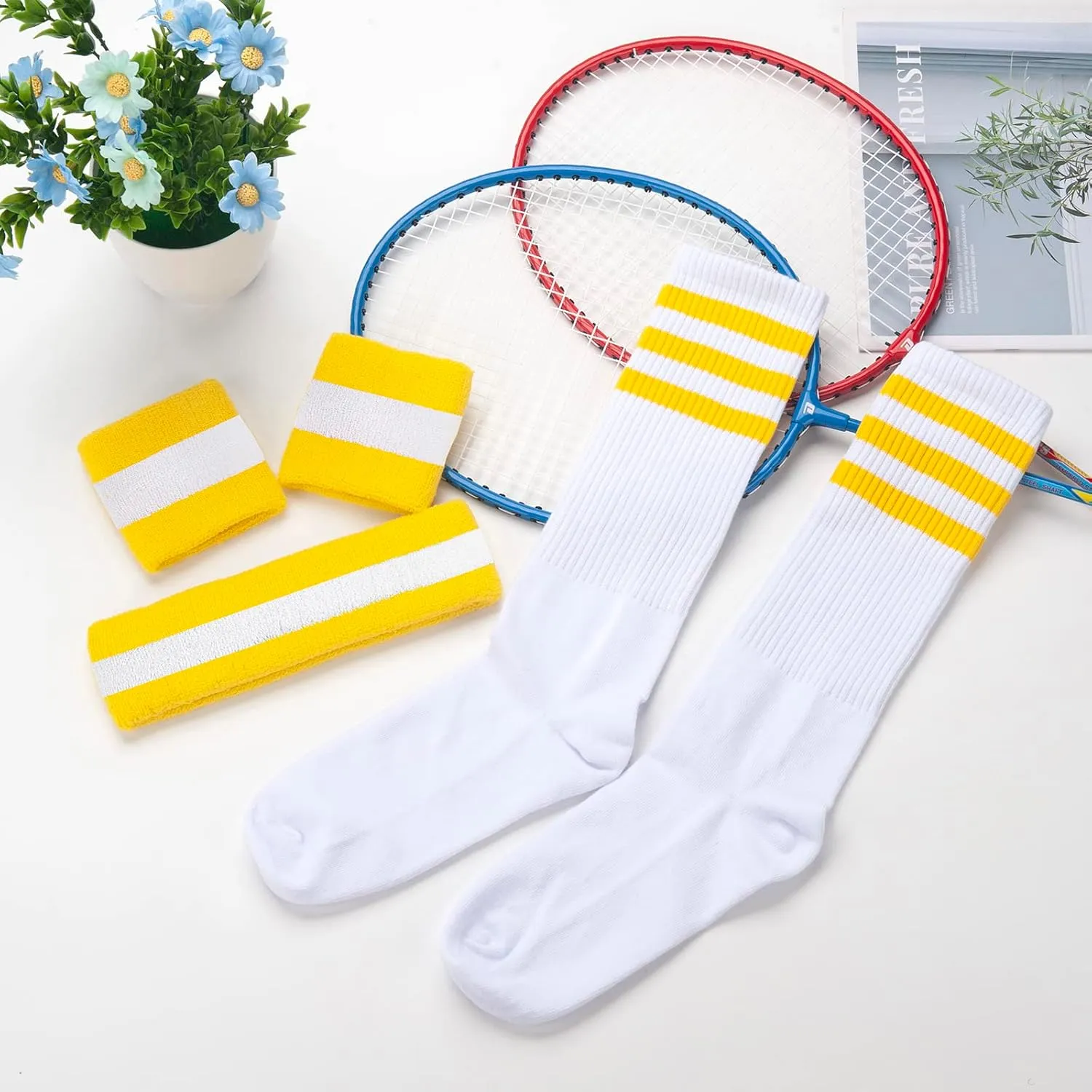 5 Piece Sweatbands Striped Socks Set Sports Headband Wristbands High Tube Socks