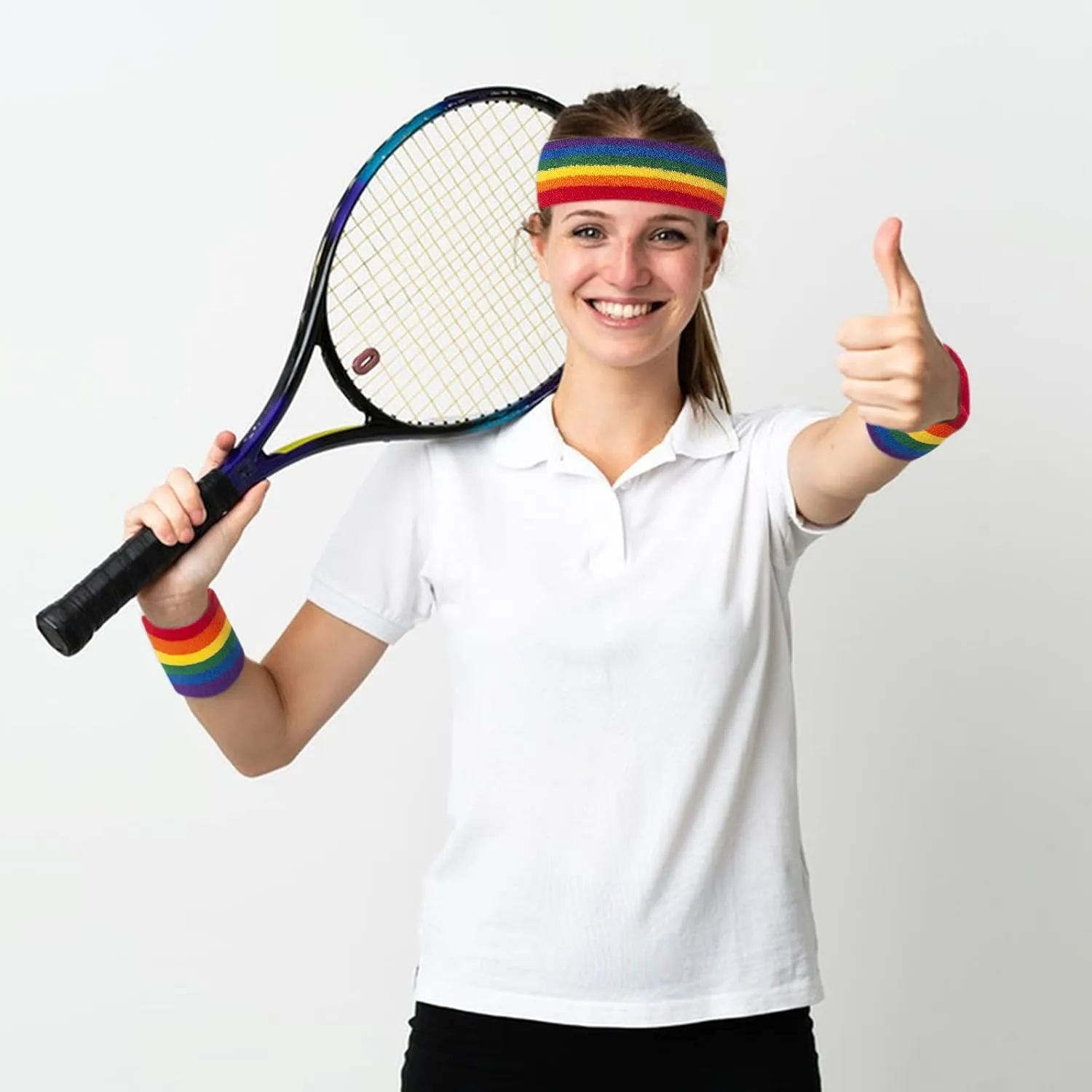 5 Piece Sweatbands Striped Socks Set Sports Headband Wristbands High Tube Socks