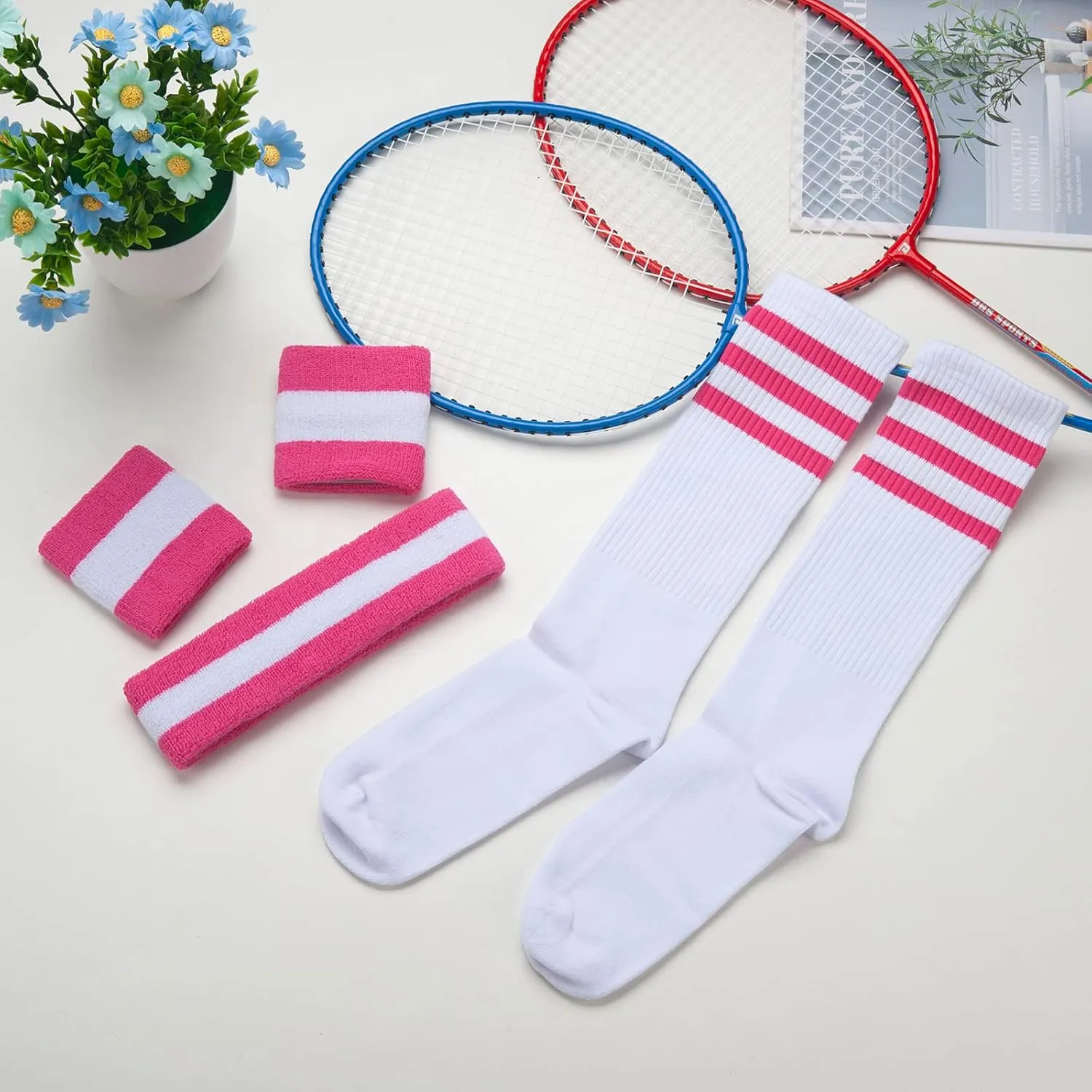5 Piece Sweatbands Striped Socks Set Sports Headband Wristbands High Tube Socks