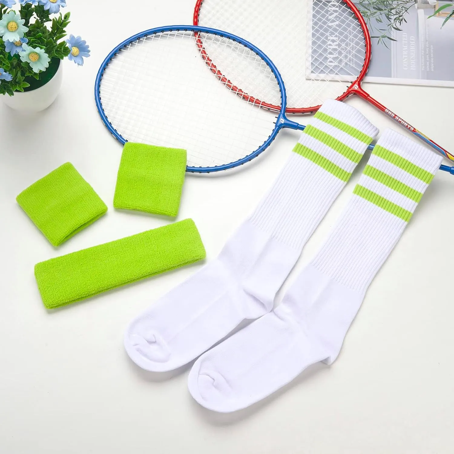 5 Piece Sweatbands Striped Socks Set Sports Headband Wristbands High Tube Socks