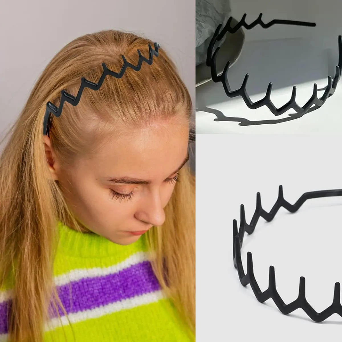 8 PCS Fashion No Slip Effortless Plastic Headbands with Teeth Comb Black Skinny Hair Accessories Bands for Women Men Teen Girls, Matte Black