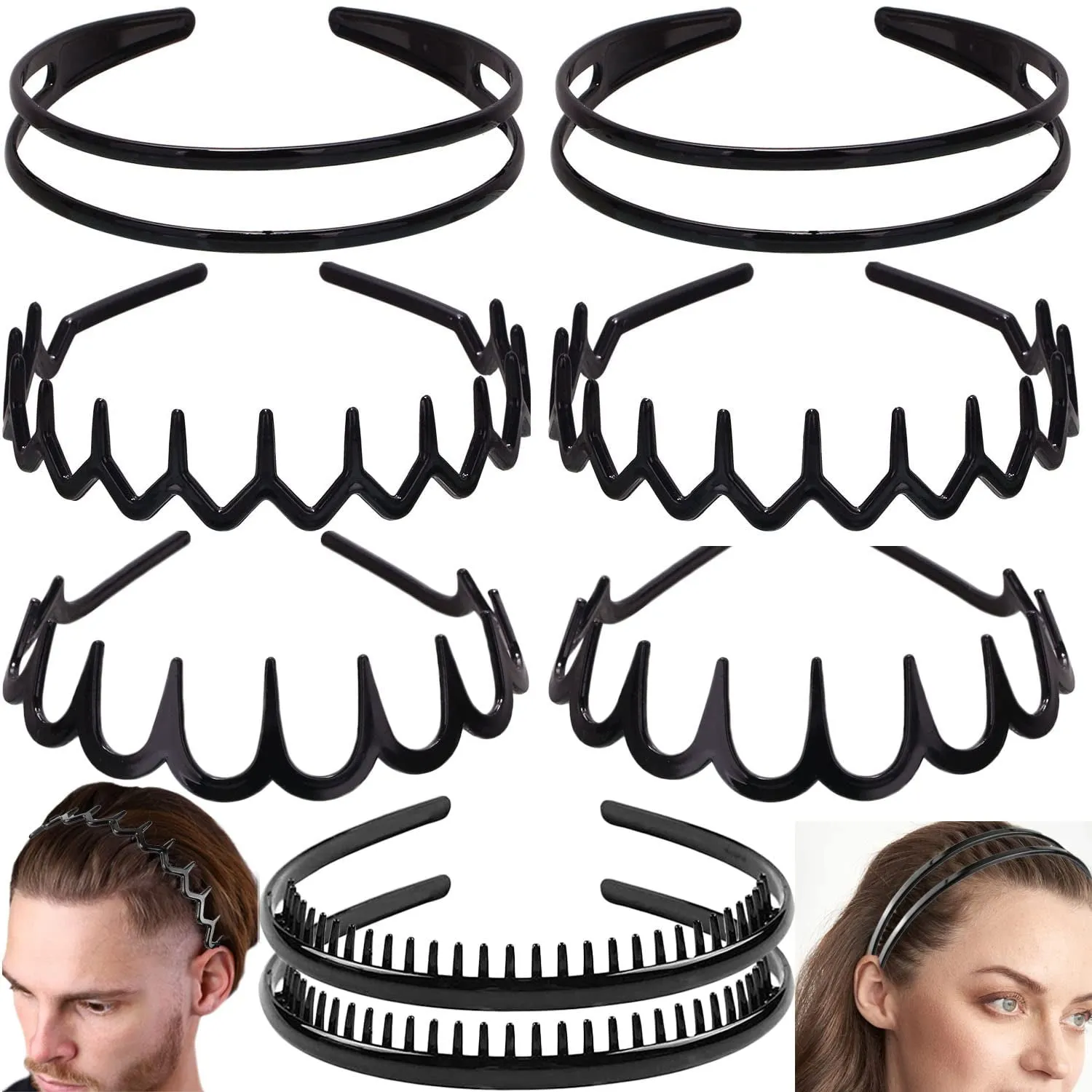 8 PCS Fashion No Slip Effortless Plastic Headbands with Teeth Comb Black Skinny Hair Accessories Bands for Women Men Teen Girls, Matte Black