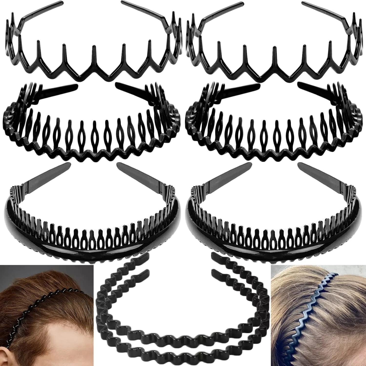 8 PCS Fashion No Slip Effortless Plastic Headbands with Teeth Comb Black Skinny Hair Accessories Bands for Women Men Teen Girls, Matte Black