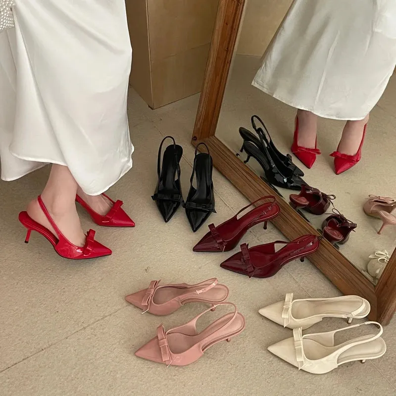 ADVBRIDGE  -  Red Low Heels Women Bow Shoes Burgundy Heels Comfort Ladies Pointed Toe Slingback Pumps Summer Office Shoes Zapatos De Mujer