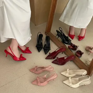 ADVBRIDGE  -  Red Low Heels Women Bow Shoes Burgundy Heels Comfort Ladies Pointed Toe Slingback Pumps Summer Office Shoes Zapatos De Mujer