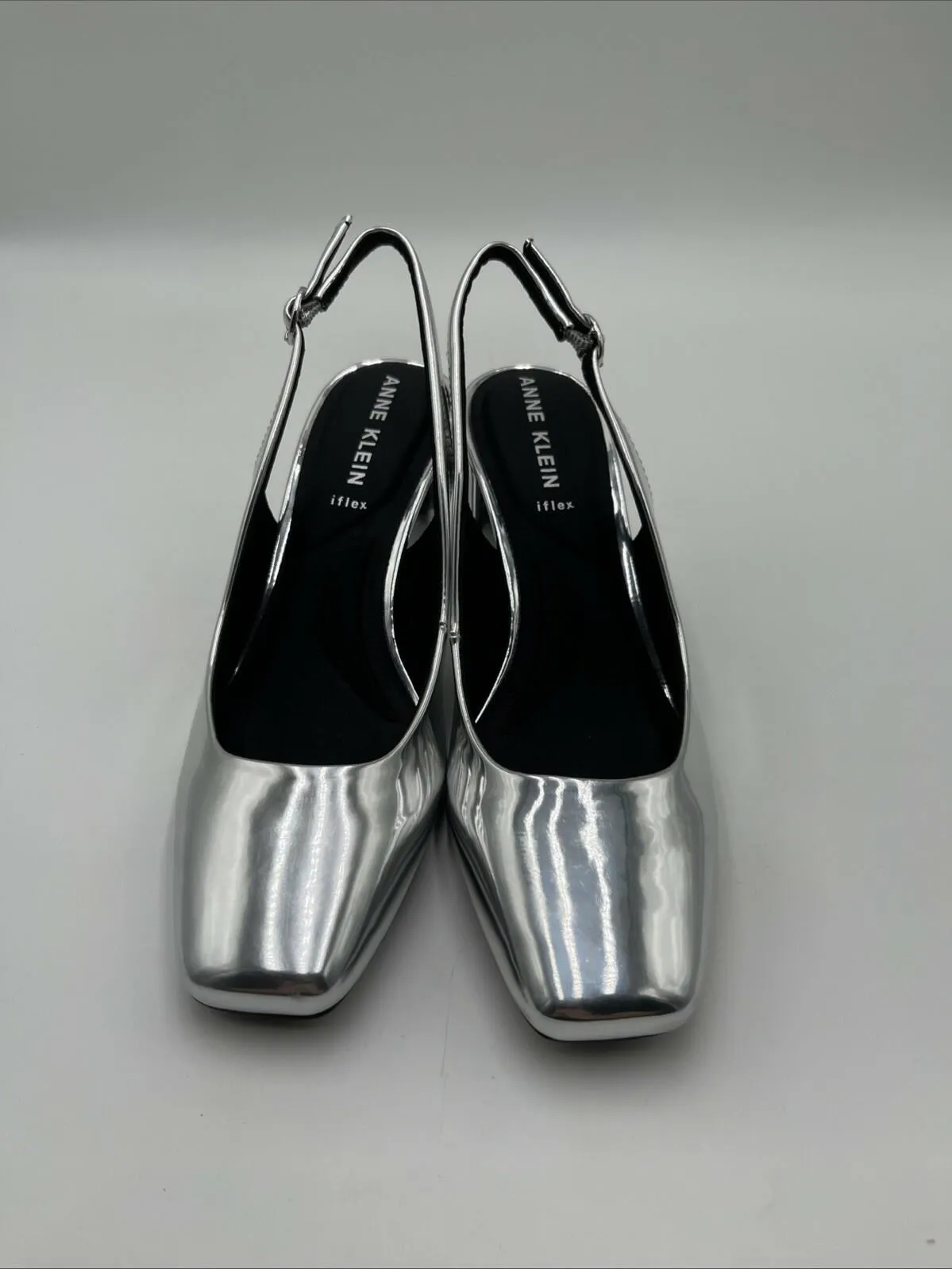 Anne Klein Women's Faux Leather Square Toe Slingback Heels Silver Size 8