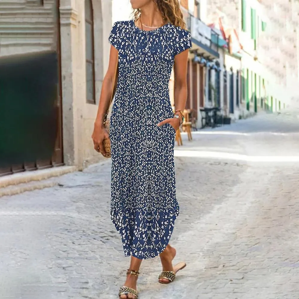 Ava Midi Dress: Royal Blue & White Floral Print, Round Neck