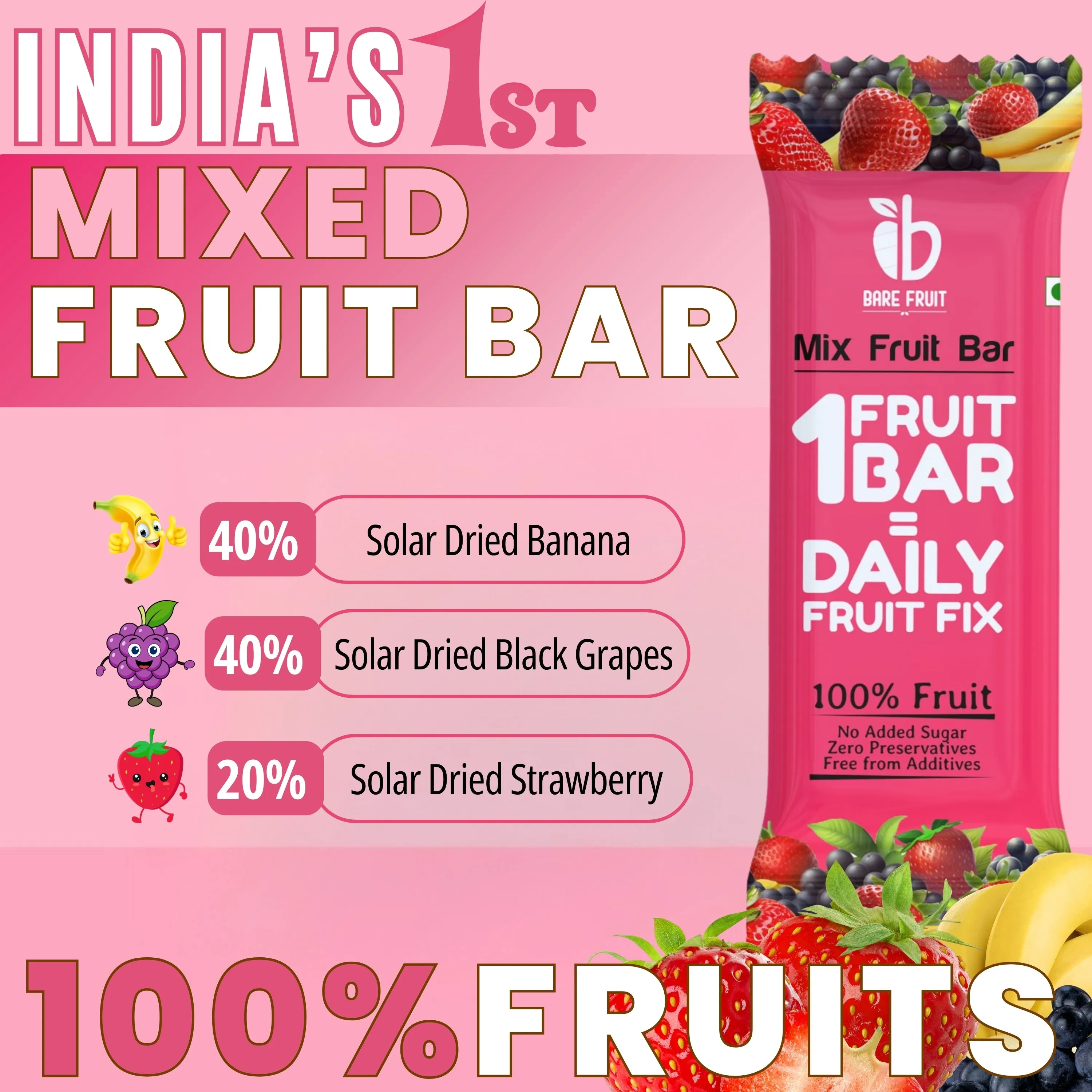 Bare Fruit Mix Fruit Bar | No Added Sugar, Zero Preservatives, Additive-Free | Healthy Energy Snack | Strawberry (Pack of 6)