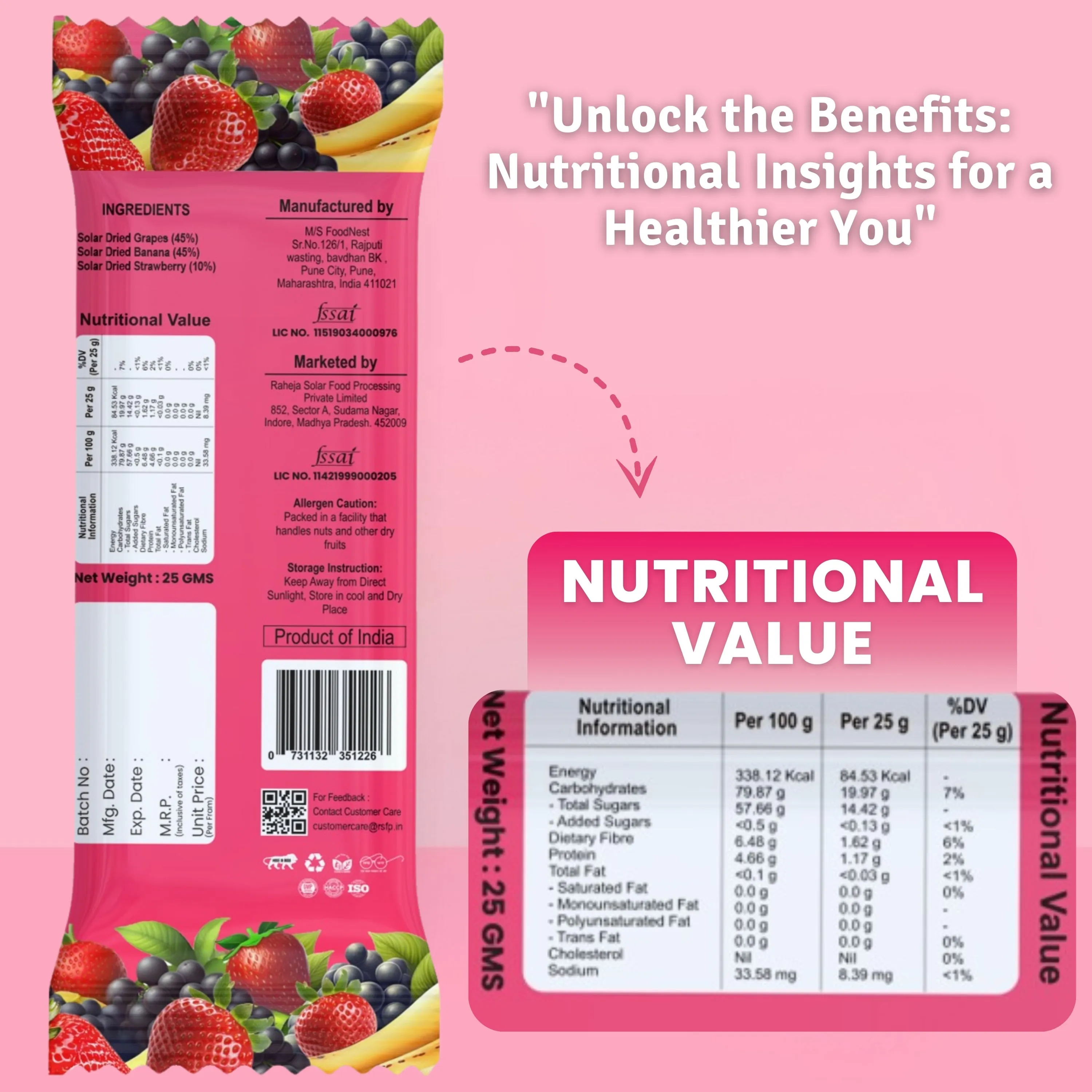 Bare Fruit Mix Fruit Bar | No Added Sugar, Zero Preservatives, Additive-Free | Healthy Energy Snack | Strawberry (Pack of 6)