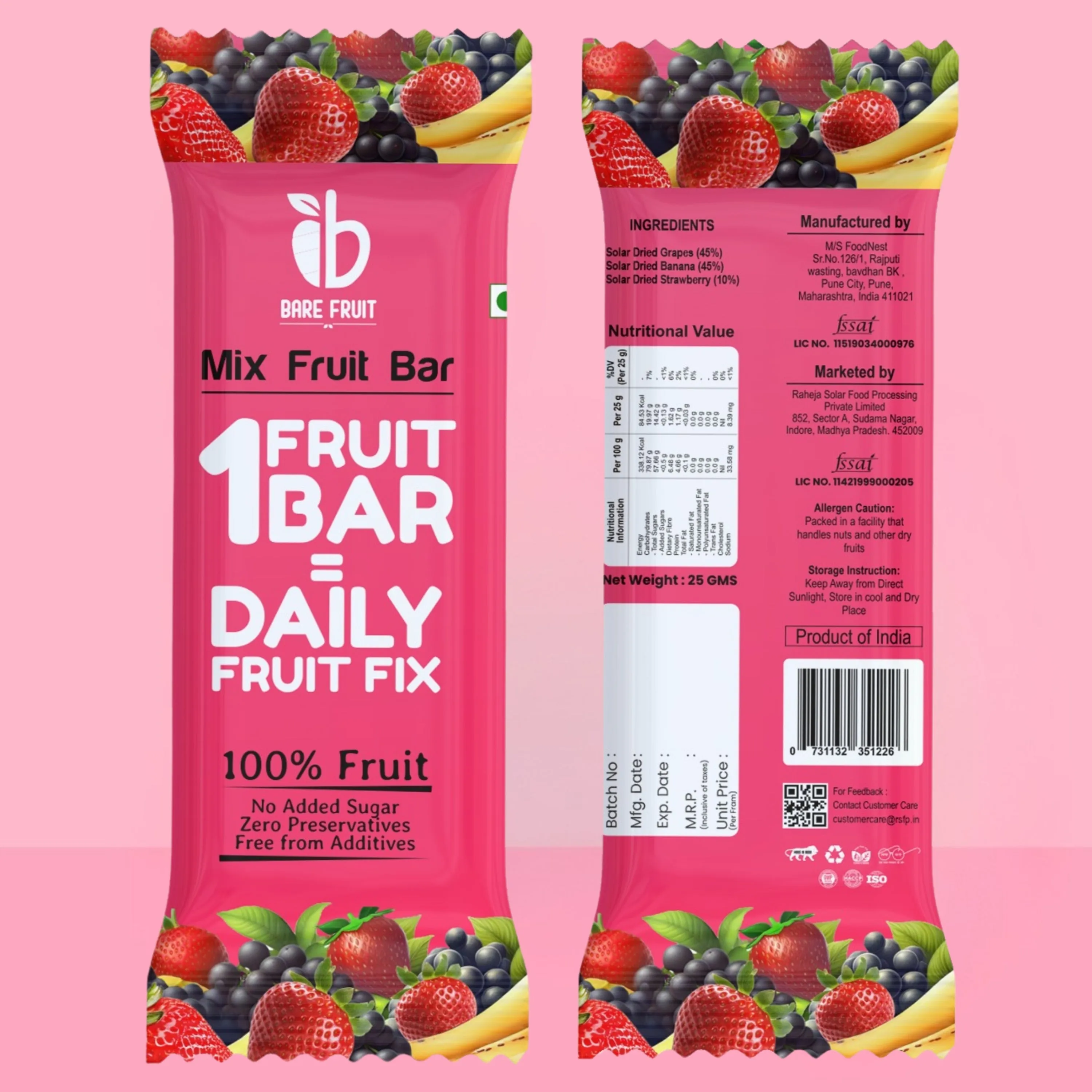 Bare Fruit Mix Fruit Bar | No Added Sugar, Zero Preservatives, Additive-Free | Healthy Energy Snack | Strawberry (Pack of 6)