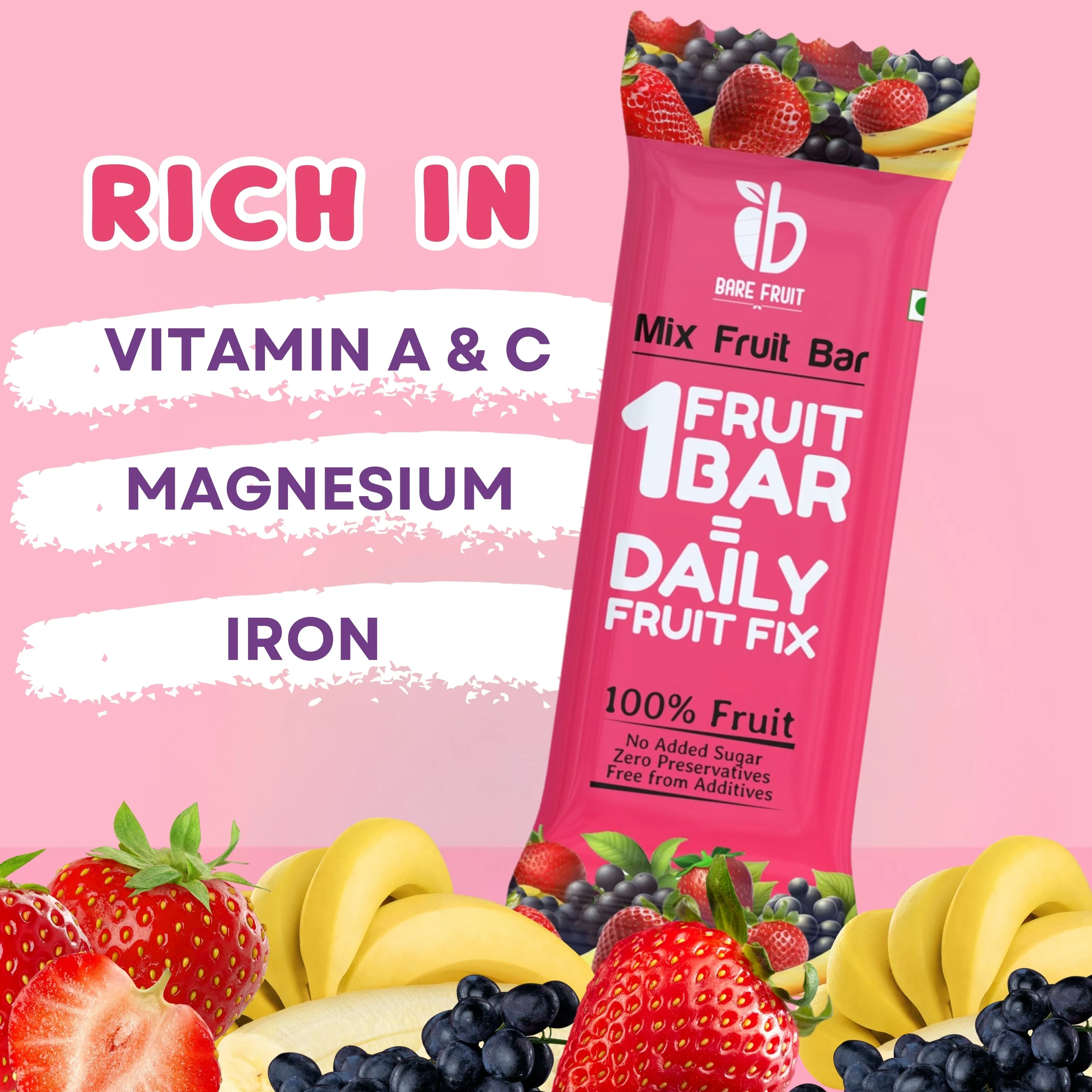 Bare Fruit Mix Fruit Bar | No Added Sugar, Zero Preservatives, Additive-Free | Healthy Energy Snack | Strawberry (Pack of 6)