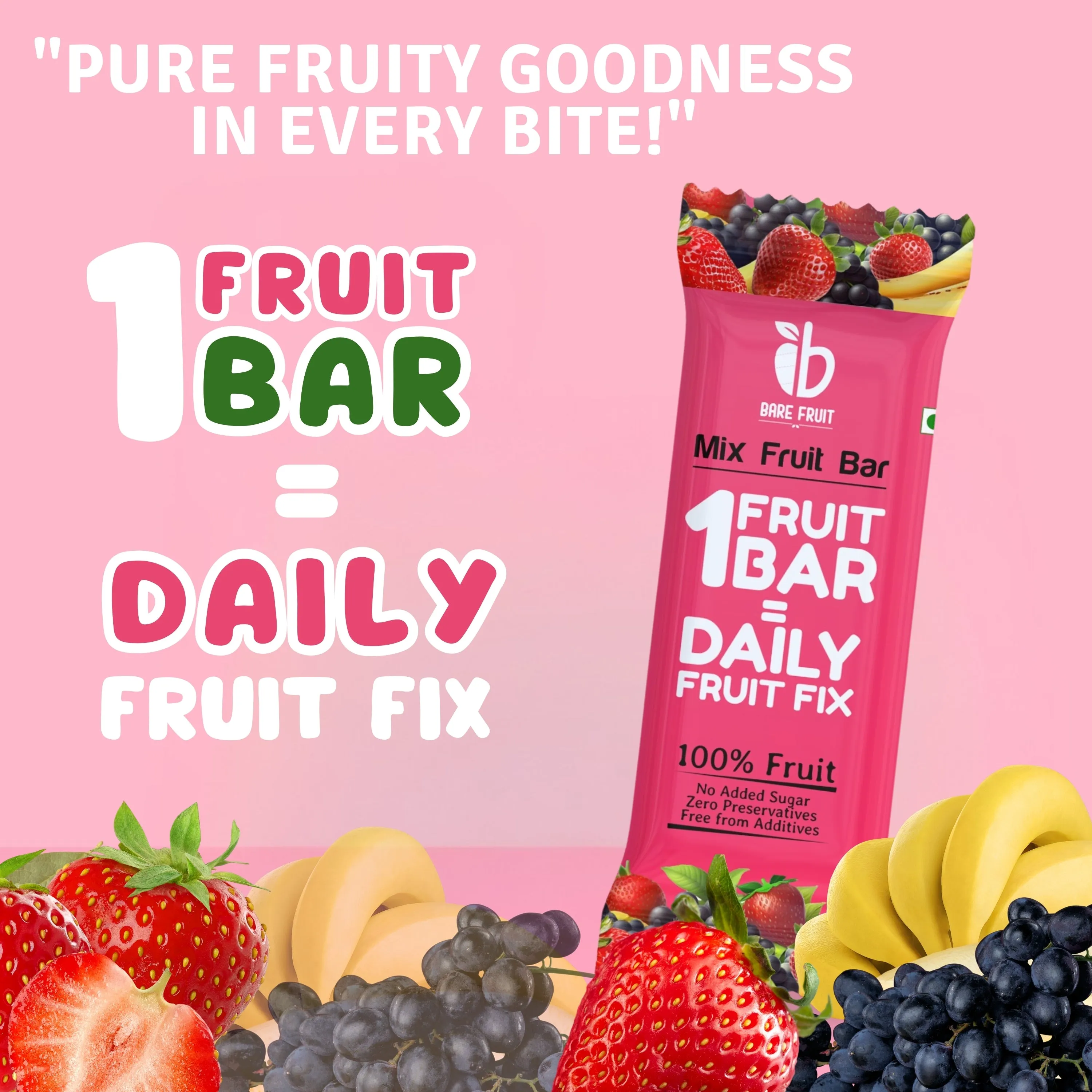 Bare Fruit Mix Fruit Bar | No Added Sugar, Zero Preservatives, Additive-Free | Healthy Energy Snack | Strawberry (Pack of 6)