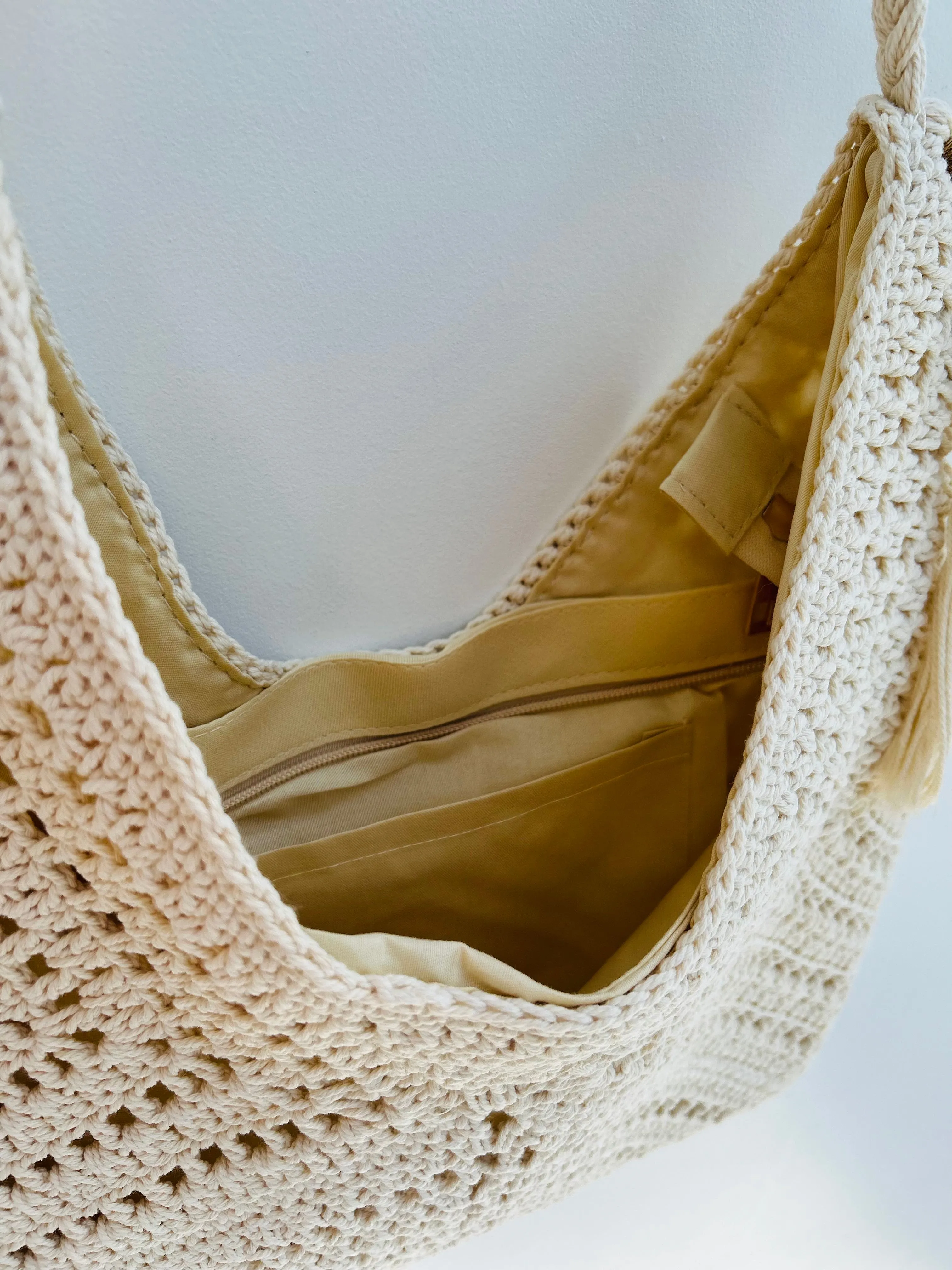 Beige Crochet Hobo Bag