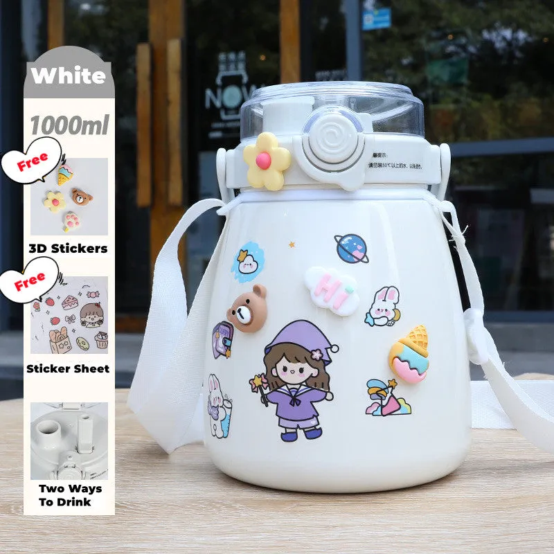 Big Belly Stainless Steel Water Bottles Leaf Proof 1000ml Large Capacity (Keep Cold and Warm)