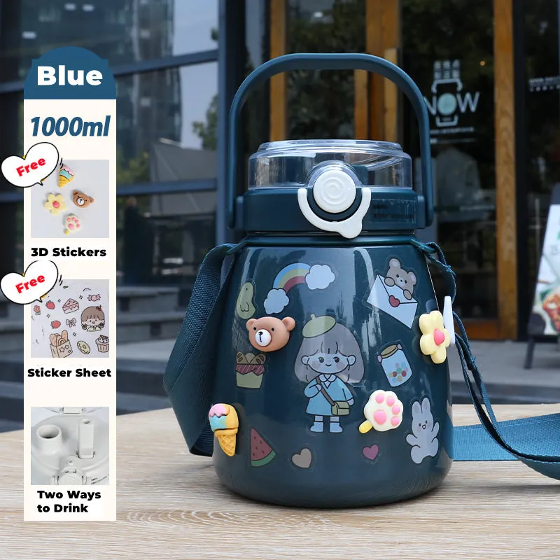 Big Belly Stainless Steel Water Bottles Leaf Proof 1000ml Large Capacity (Keep Cold and Warm)