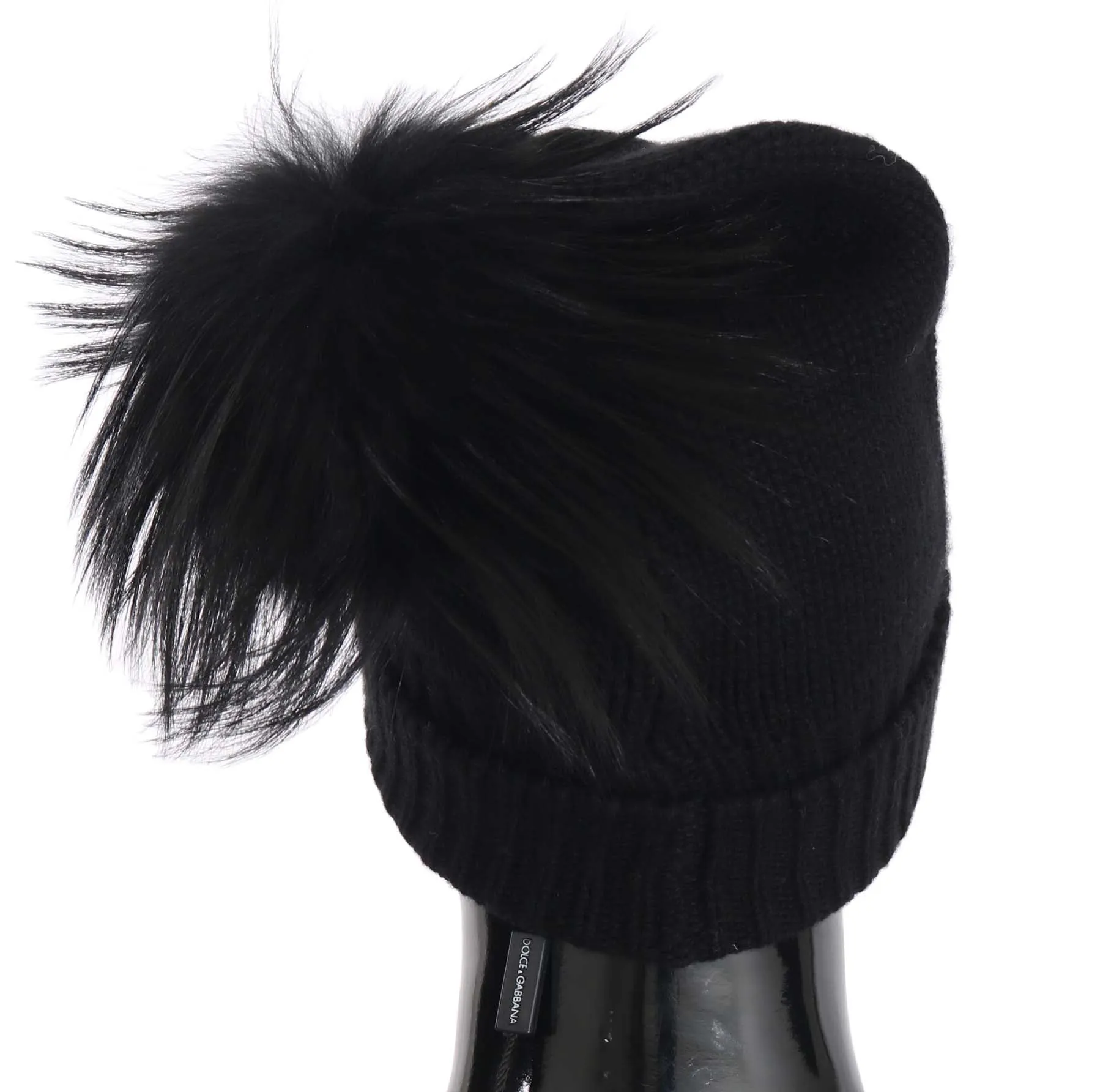 Black Knit Cashmere Silver Fox Fur Pom Pom Hat