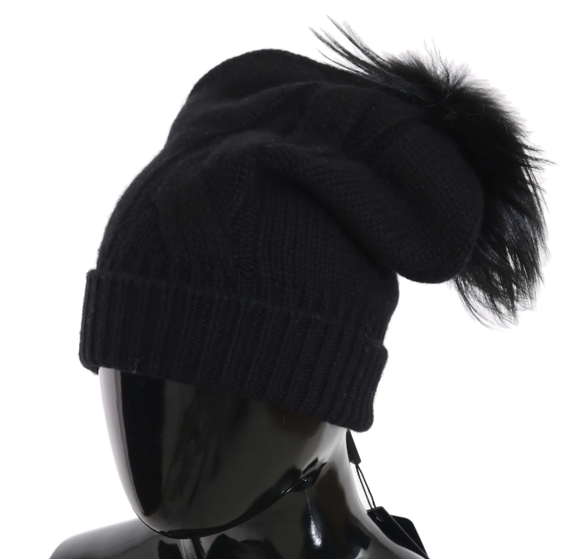Black Knit Cashmere Silver Fox Fur Pom Pom Hat