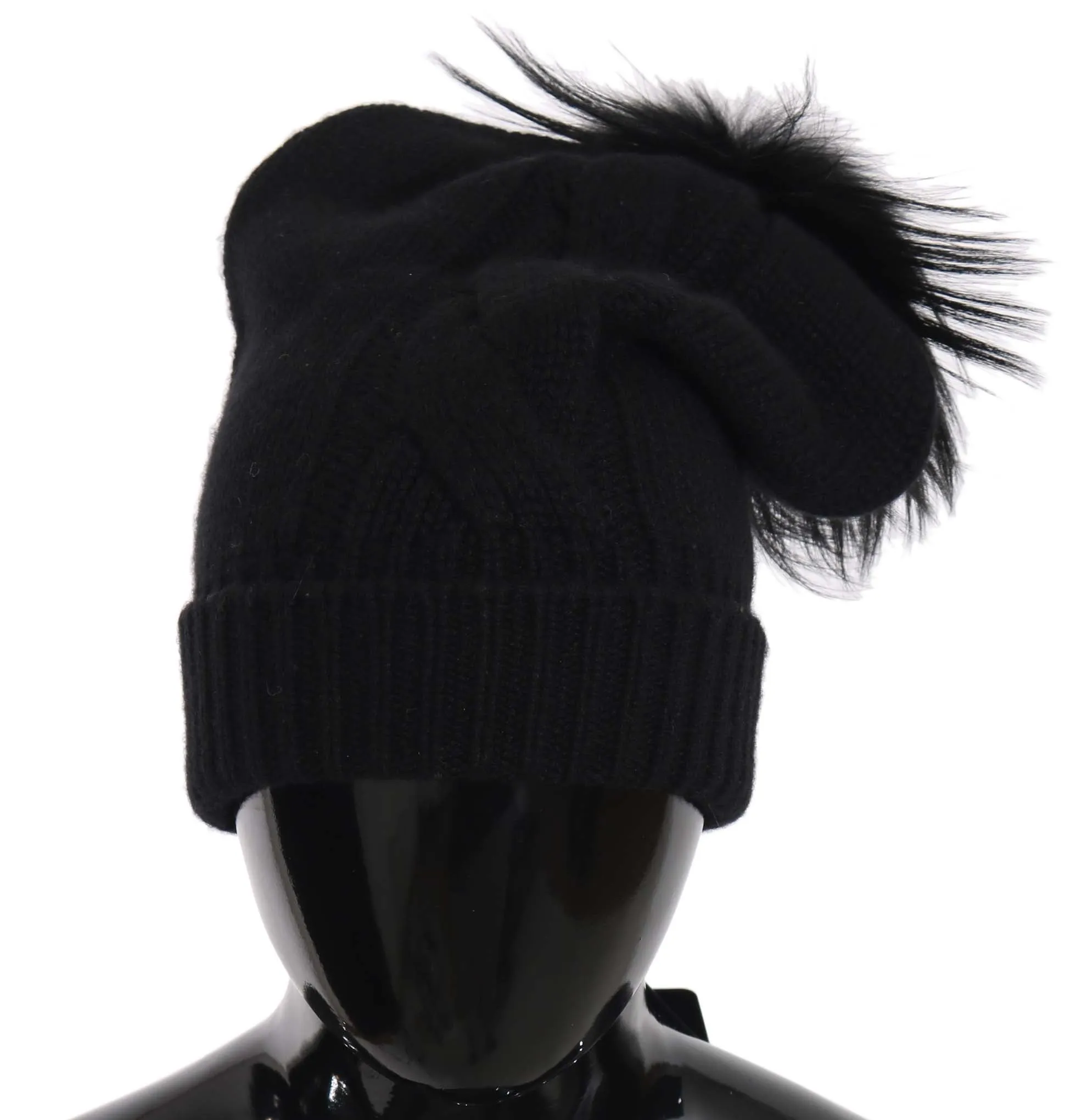 Black Knit Cashmere Silver Fox Fur Pom Pom Hat