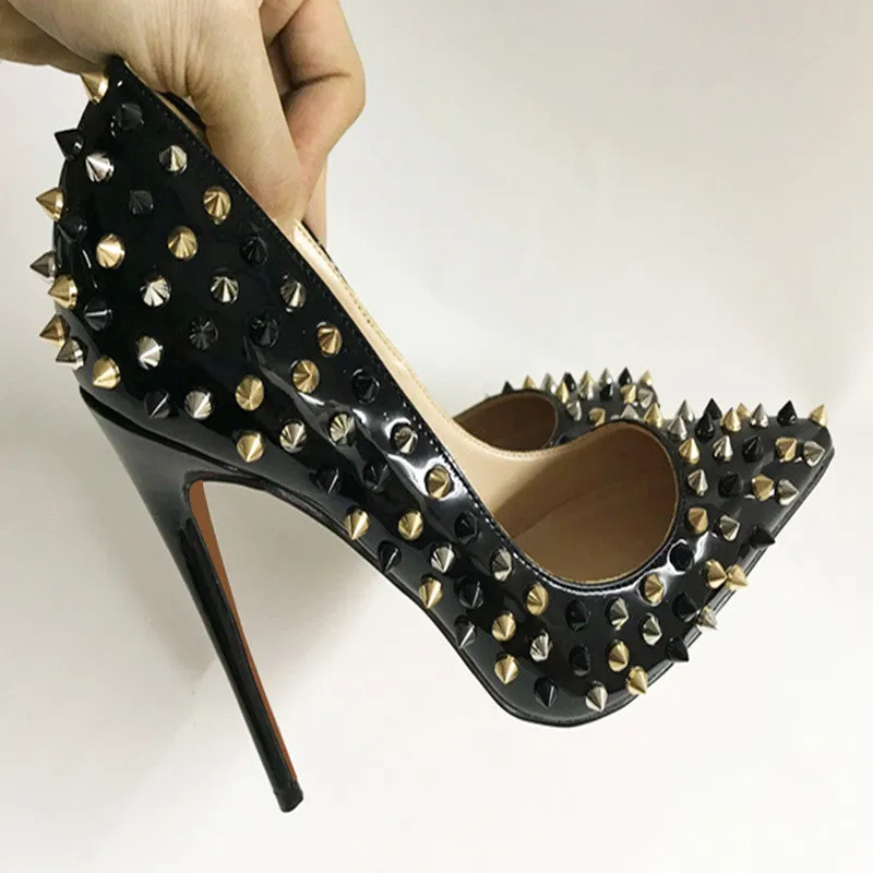 Black Patent Leather Rivet High Heels Female Pointed Stiletto