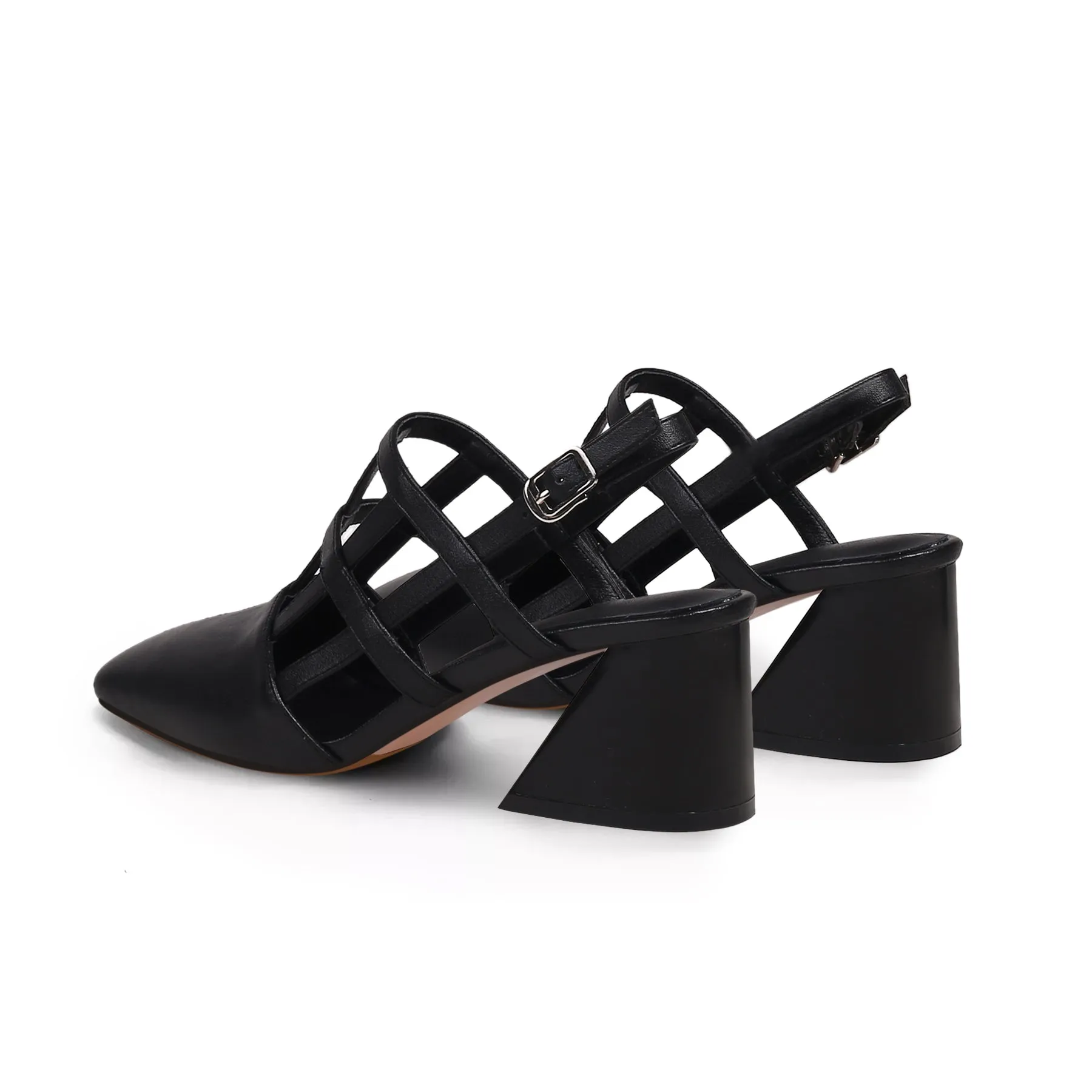 Caged-Strap Leather Slingback - Black