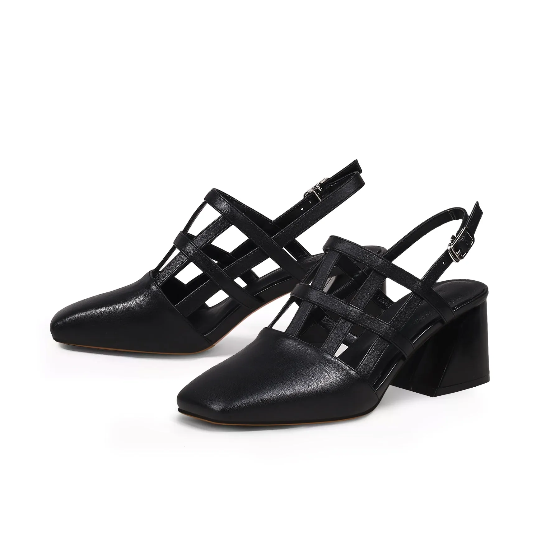 Caged-Strap Leather Slingback - Black