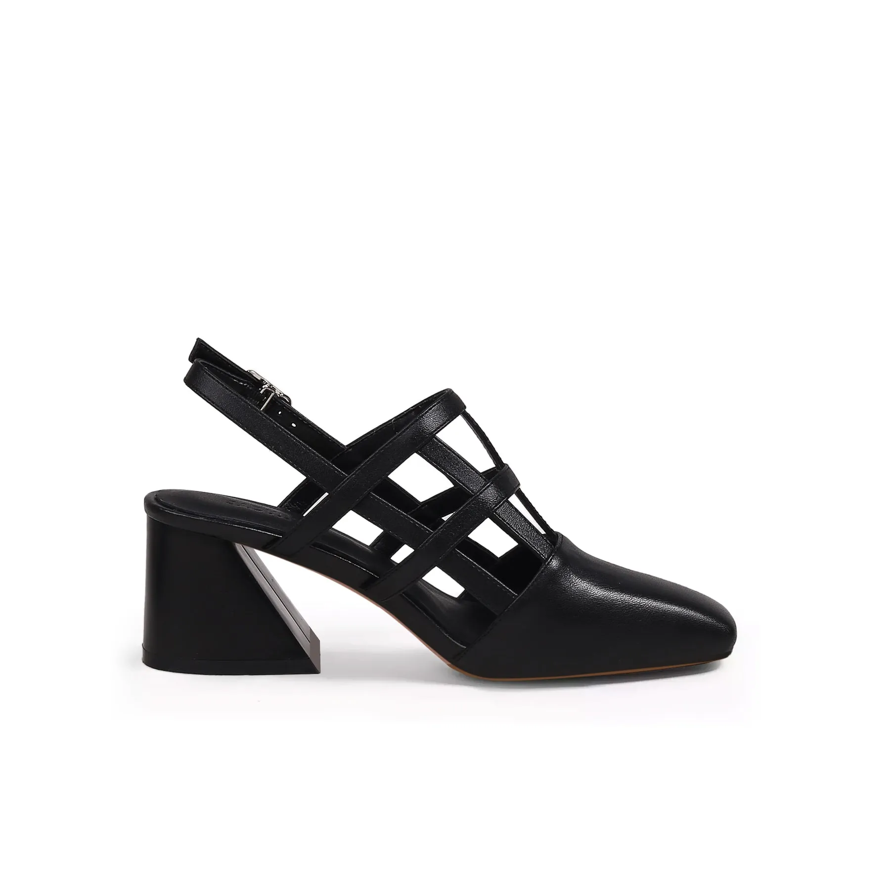 Caged-Strap Leather Slingback - Black