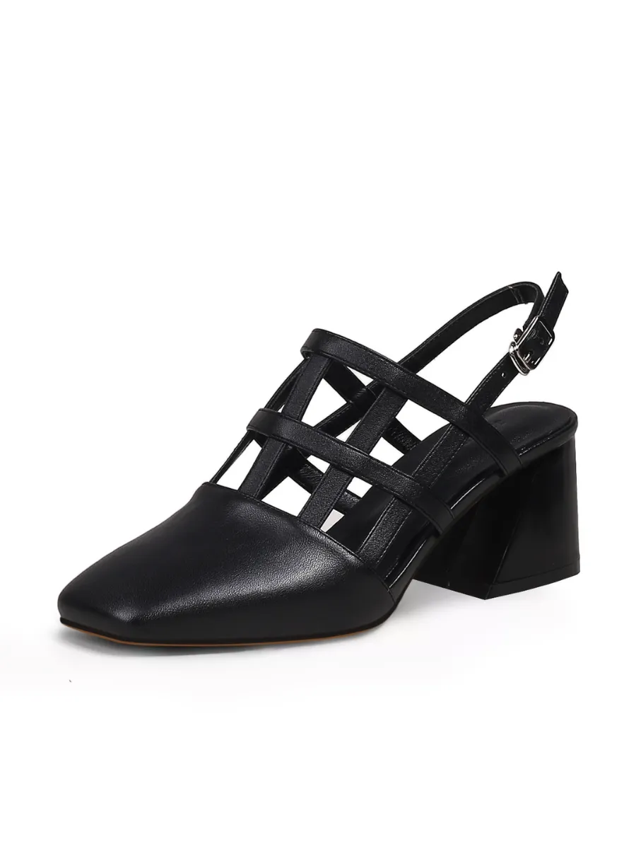 Caged-Strap Leather Slingback - Black