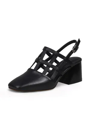 Caged-Strap Leather Slingback - Black