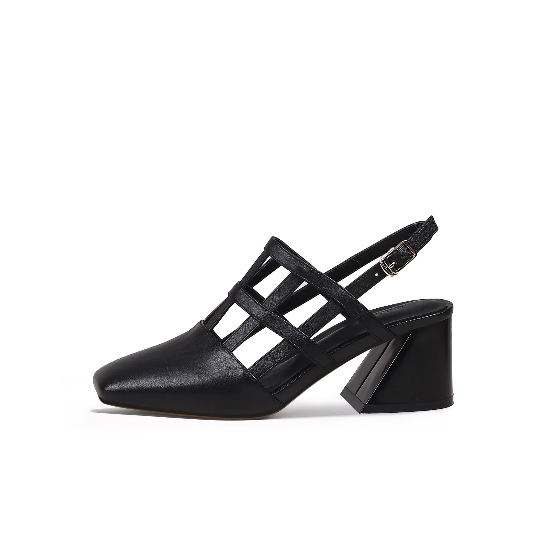 Caged-Strap Leather Slingback - Black