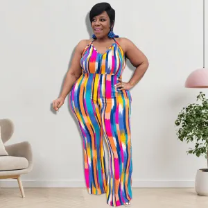 Callie Plus Size Printed Halter Open Back Wide Leg Jumpsuit