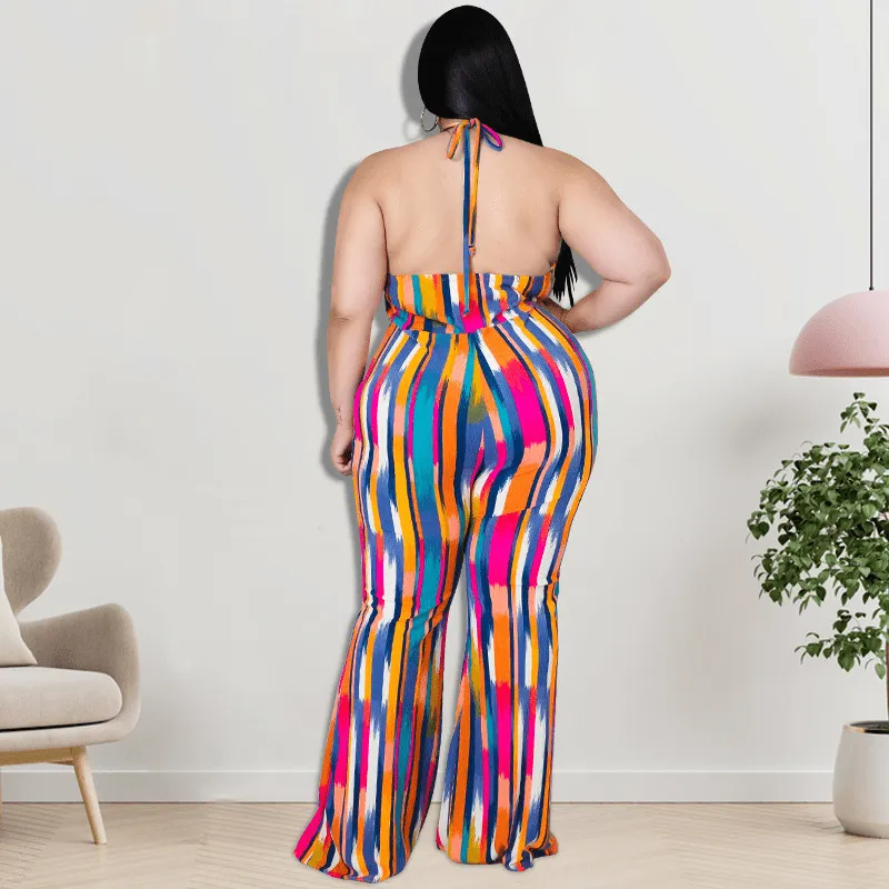 Callie Plus Size Printed Halter Open Back Wide Leg Jumpsuit