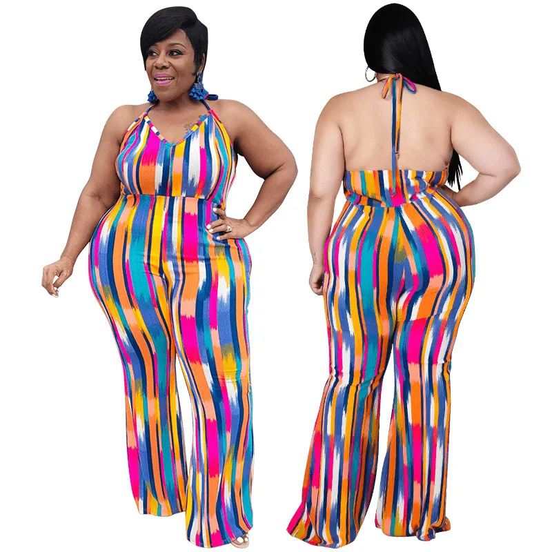 Callie Plus Size Printed Halter Open Back Wide Leg Jumpsuit