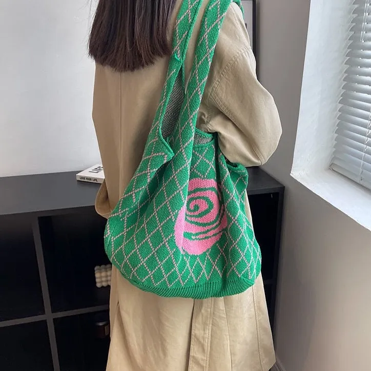 Camellia Flower Print Knit Hobo Bags - 4 Colors