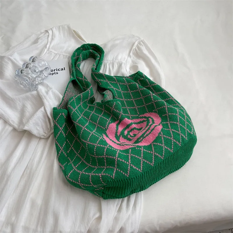 Camellia Flower Print Knit Hobo Bags - 4 Colors