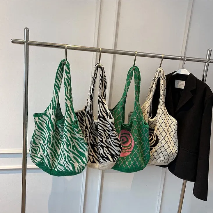 Camellia Flower Print Knit Hobo Bags - 4 Colors