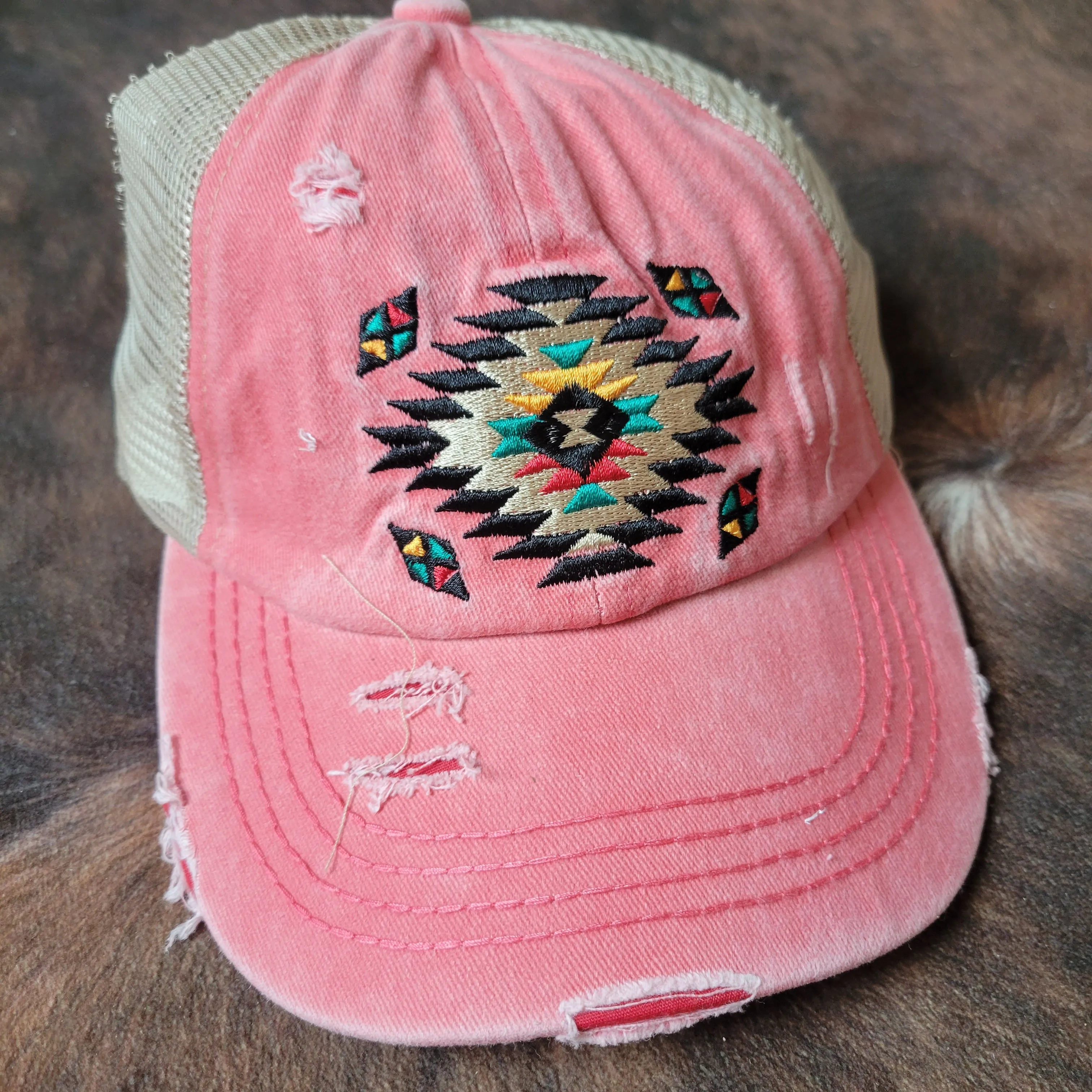 C.C. Distressed Aztec Criss Cross Ponytail Hat - Coral