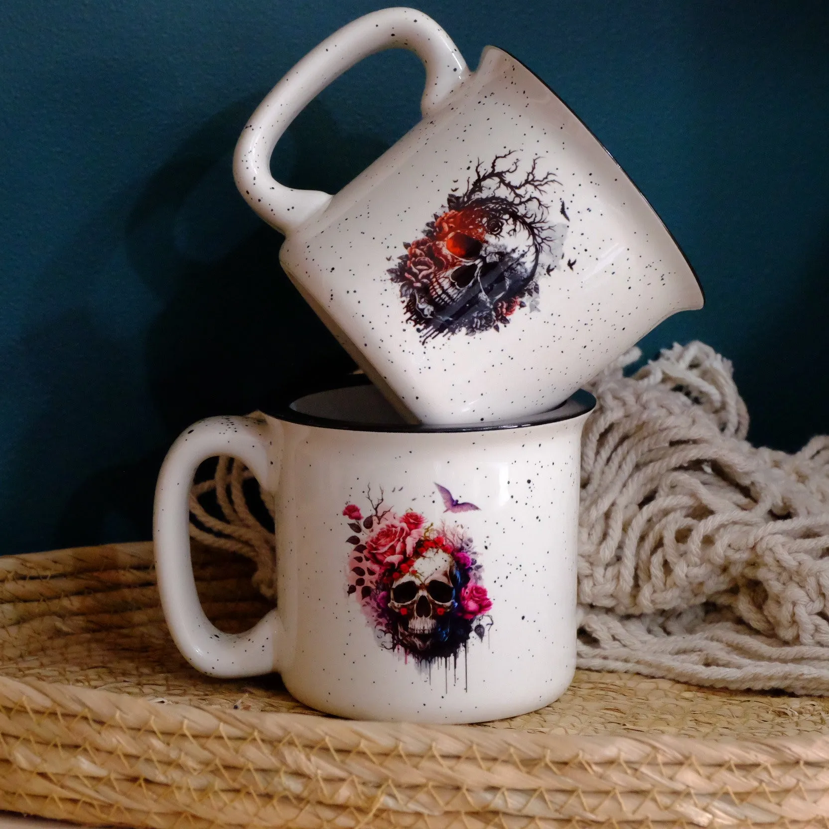 Ceramic Speckled mug 400ml - Floral Skull