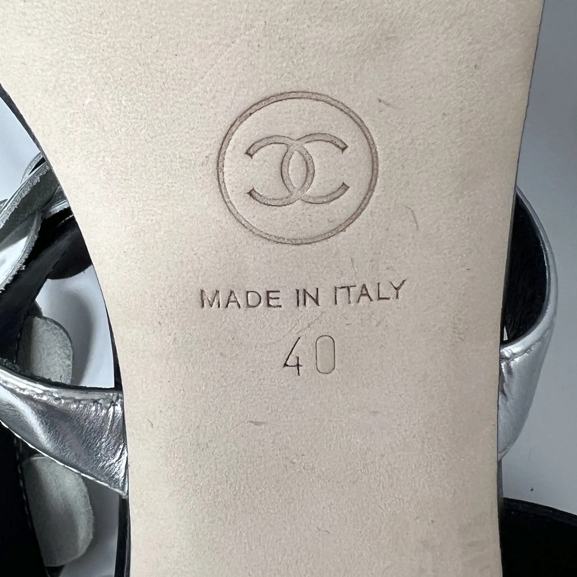 Chanel Black Silver Leather Camellia Flower Logo Ankle Strap High Heels Sandals Size EU 40