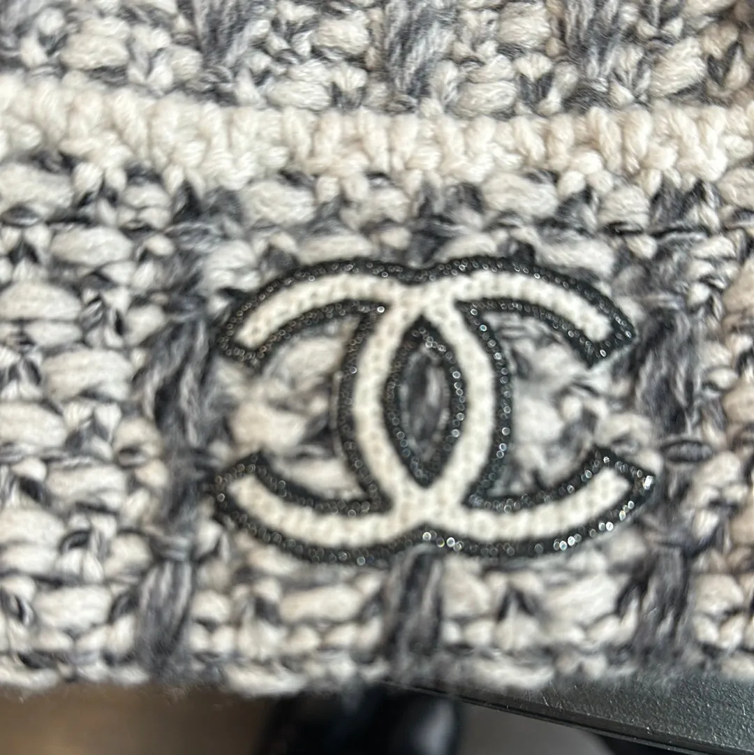 Chanel Grey and White Beanie with Black and White CC