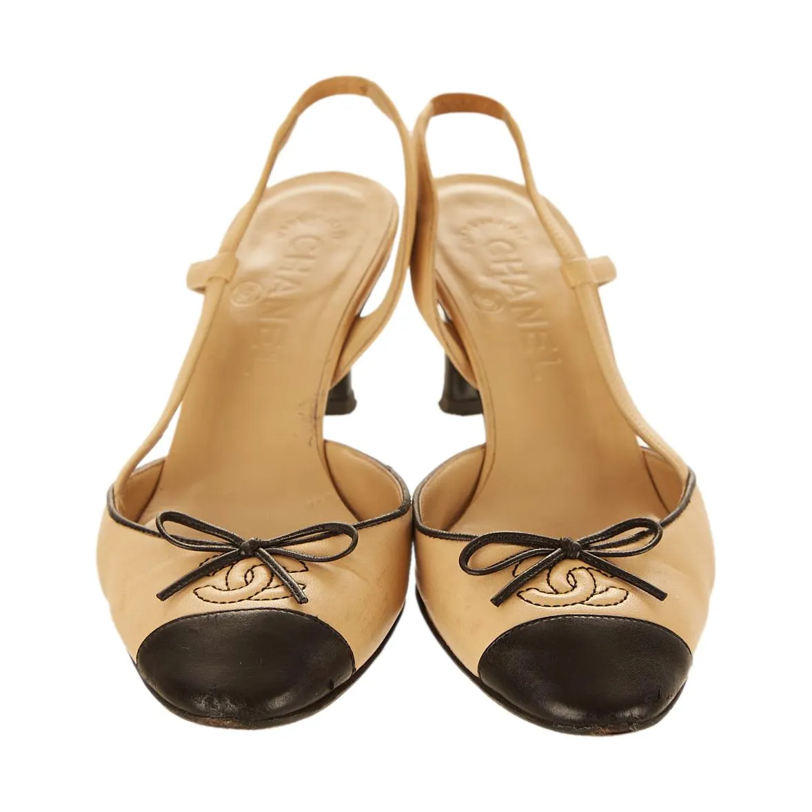 Chanel Tan Logo Kitten Heels