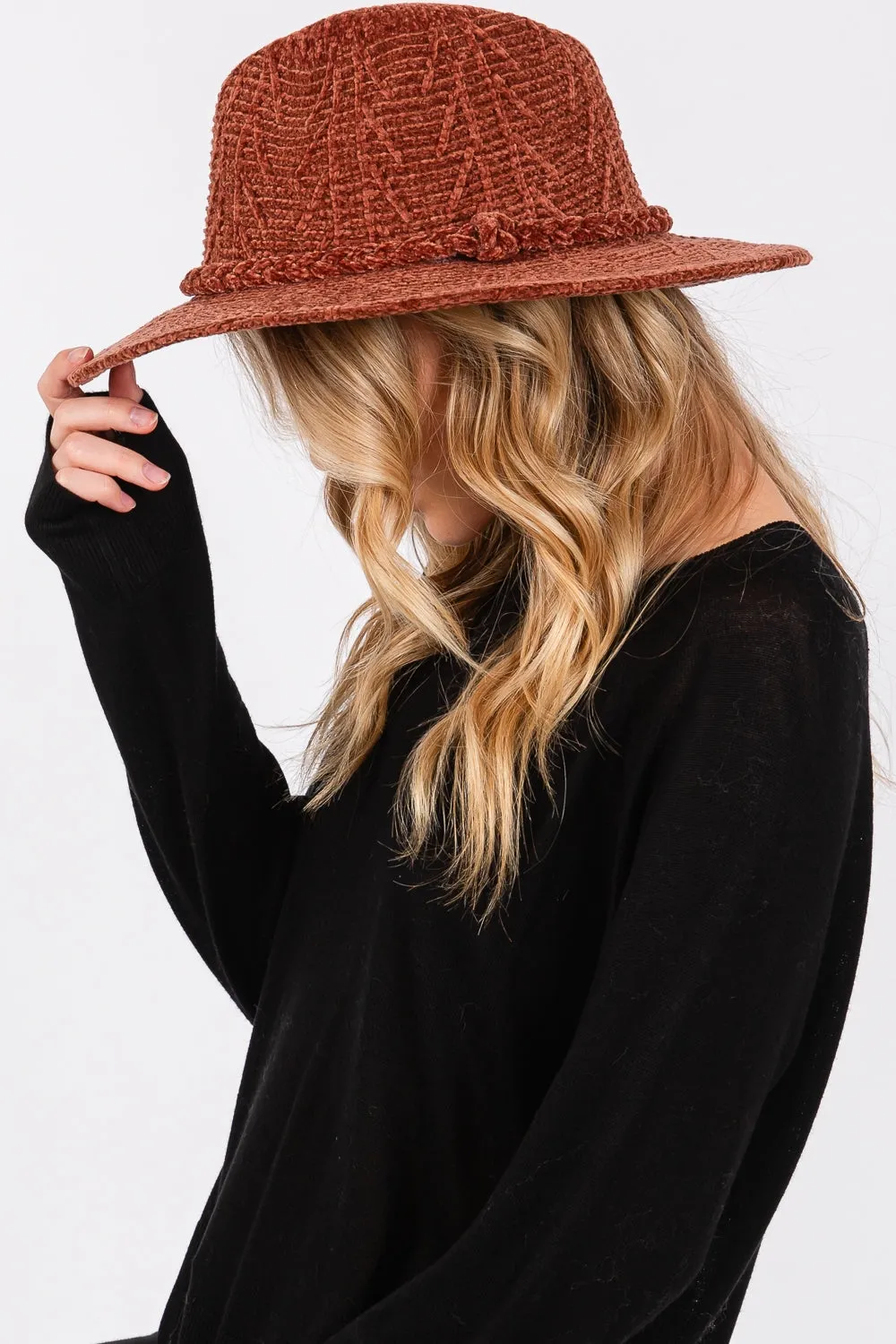 Chenille Pattern Fedora with Braided Band Brown - Pack of 6